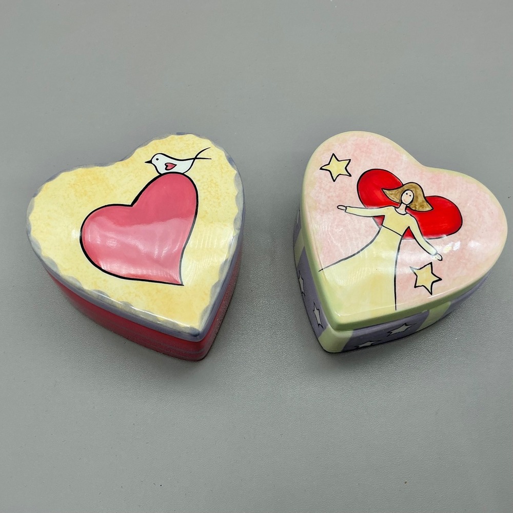 Faith Harmony Trinket Boxes Heart Ceramic Angel Bird Folk Art Keepsake Set of 2